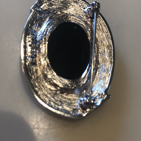 Vintage Napier Brooch faux black cabochon lucite oval silver signed deco - Picture 2 of 5